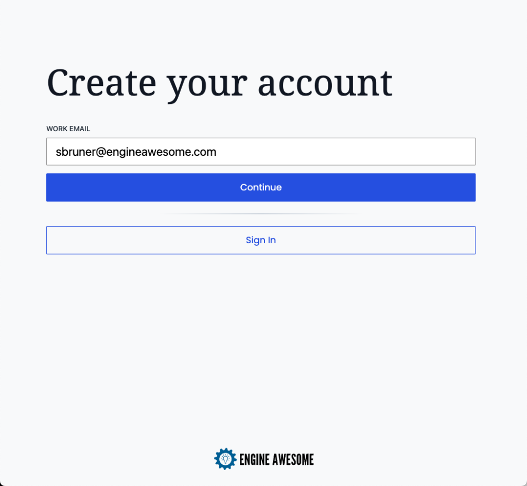 Create account form with an email address field and Continue button