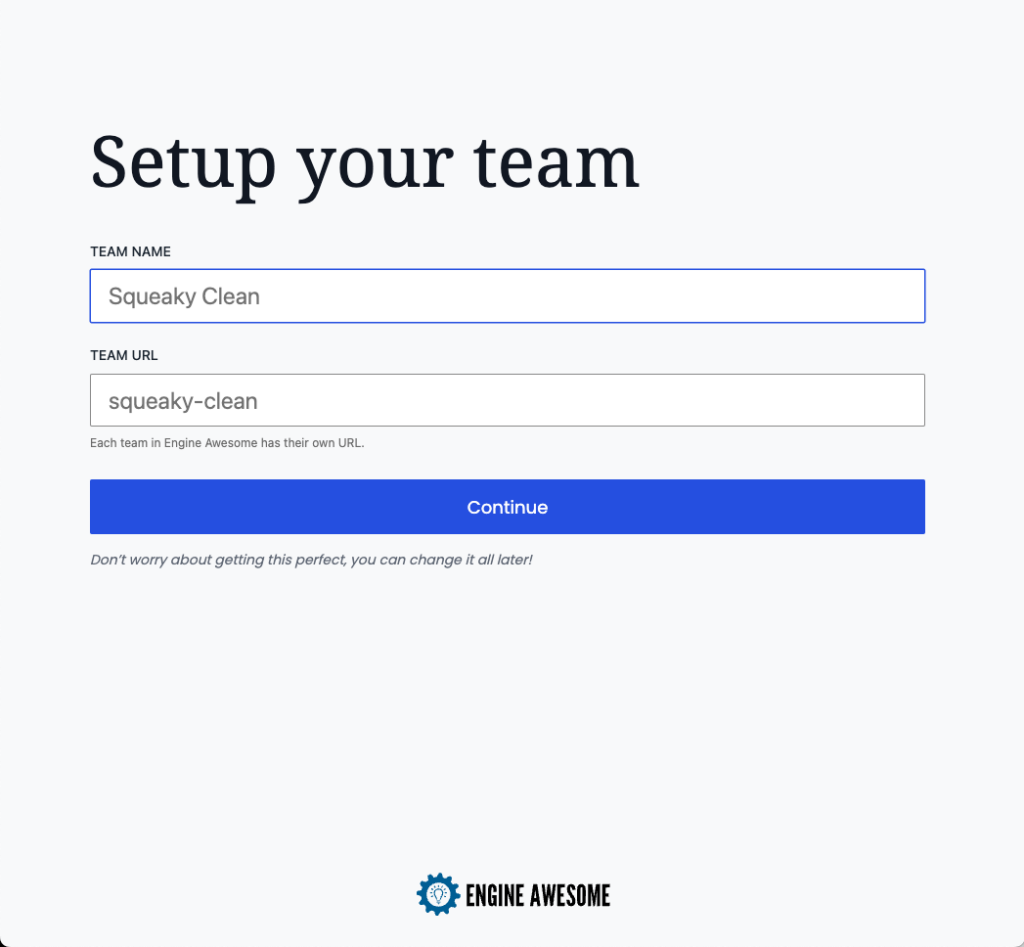 Team name and URL setup screen with fields for company name and application URL