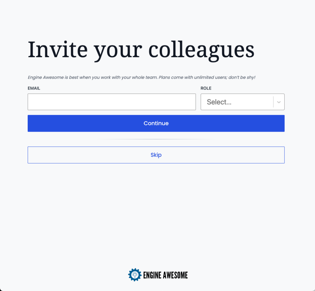 Invite colleagues screen with fields for email address and role selection