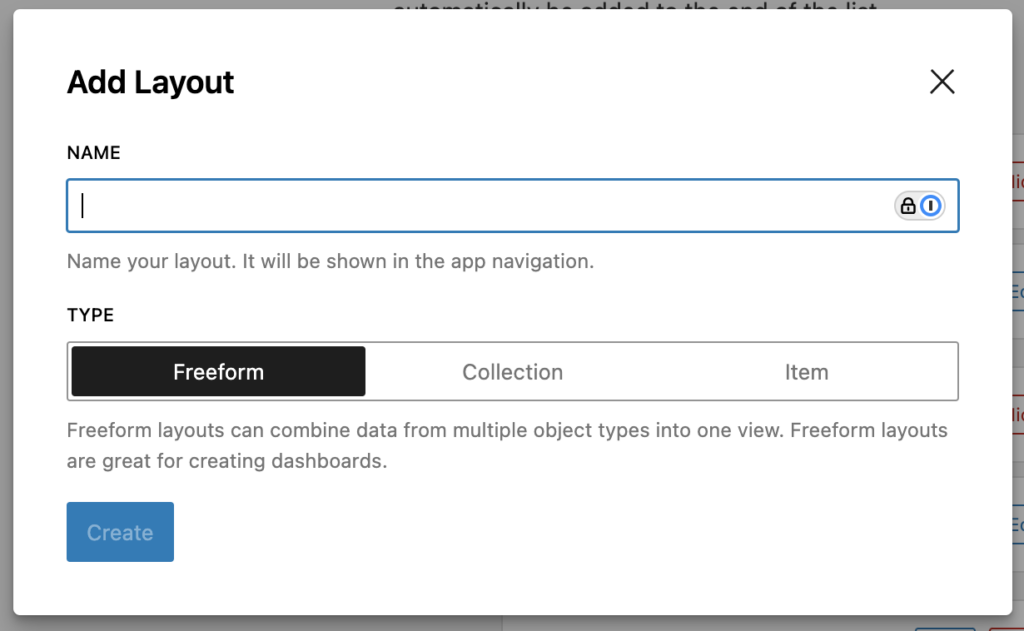Add Layout screen with layout type options such as Collection, Detail, and Dashboard