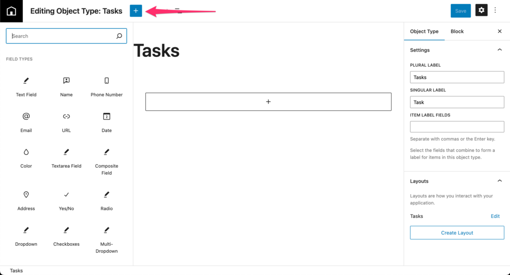 Field type inserter panel showing available field types such as Text, Number, Date, and Relationship