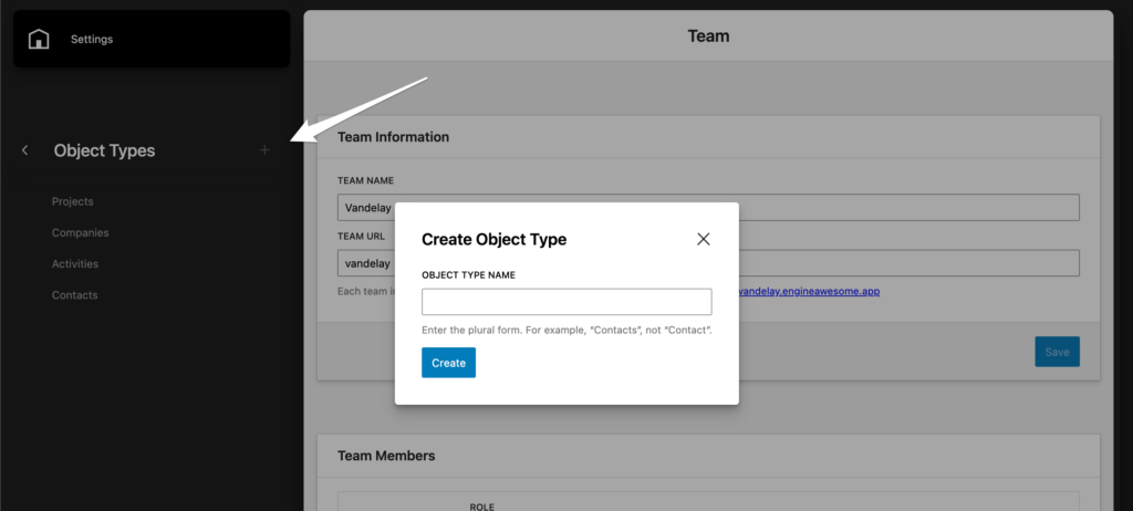 Create Object Type dialog with a name field and Create button