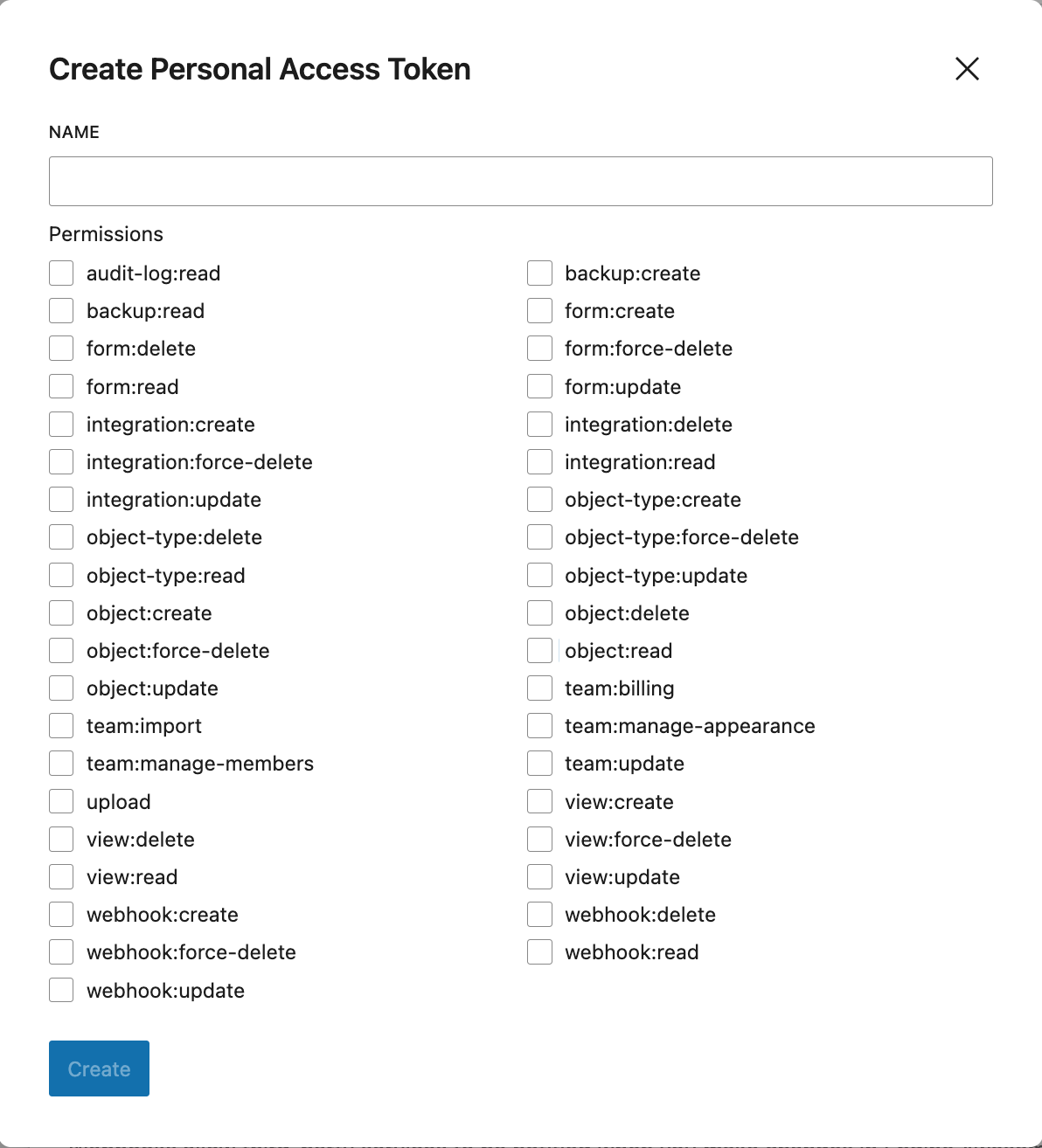 Create Personal Access Token dialog with name field and permissions checkboxes