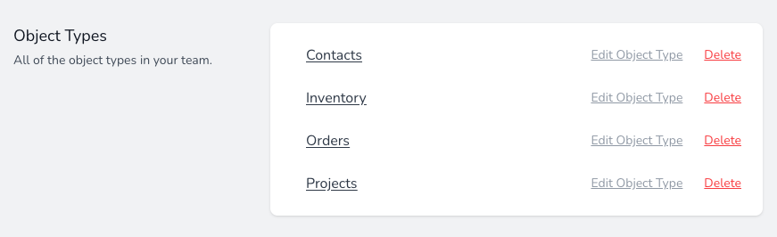 Engine Awesome object type list showing several custom object types like Contacts, Projects, and Tasks