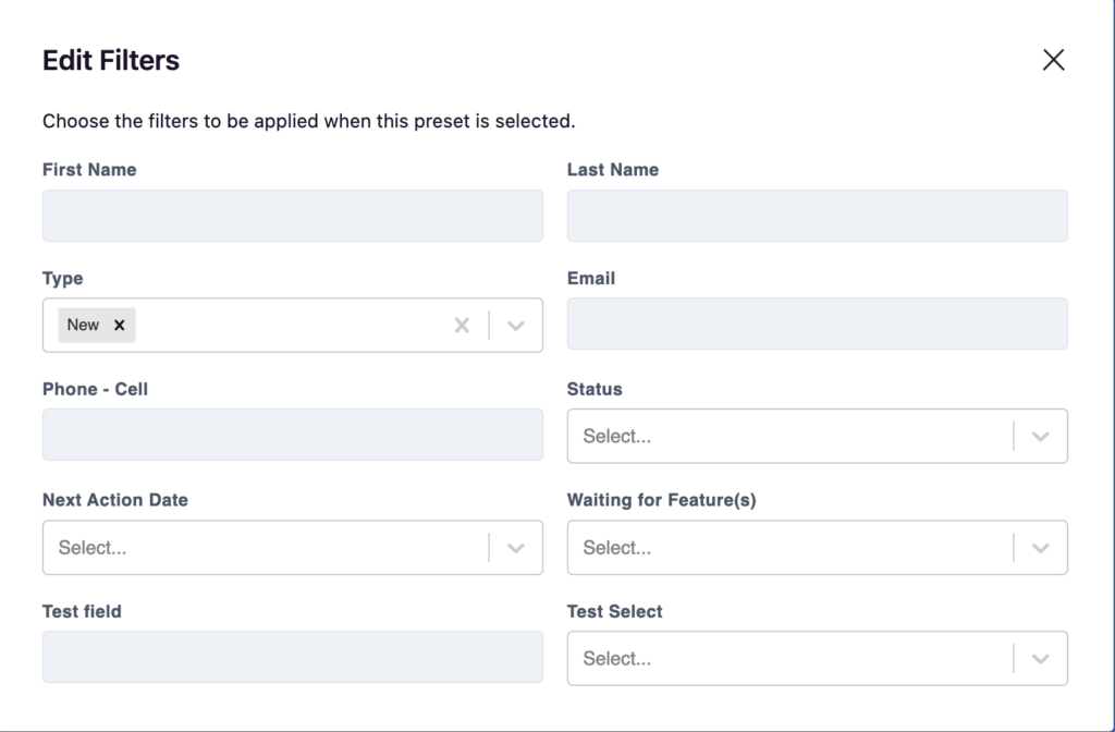 Edit Filters dialog for configuring a query preset with field conditions and values