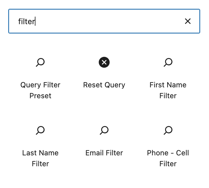 Filter menu showing a list of searchable fields that can be added as active filters