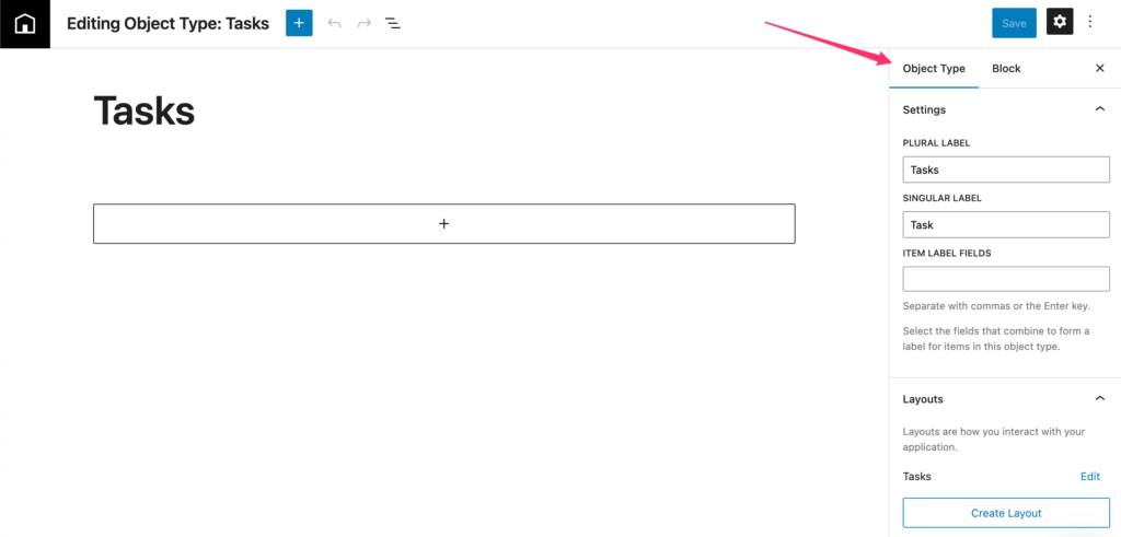 Object Type Editor panel showing configuration options for a Tasks object type