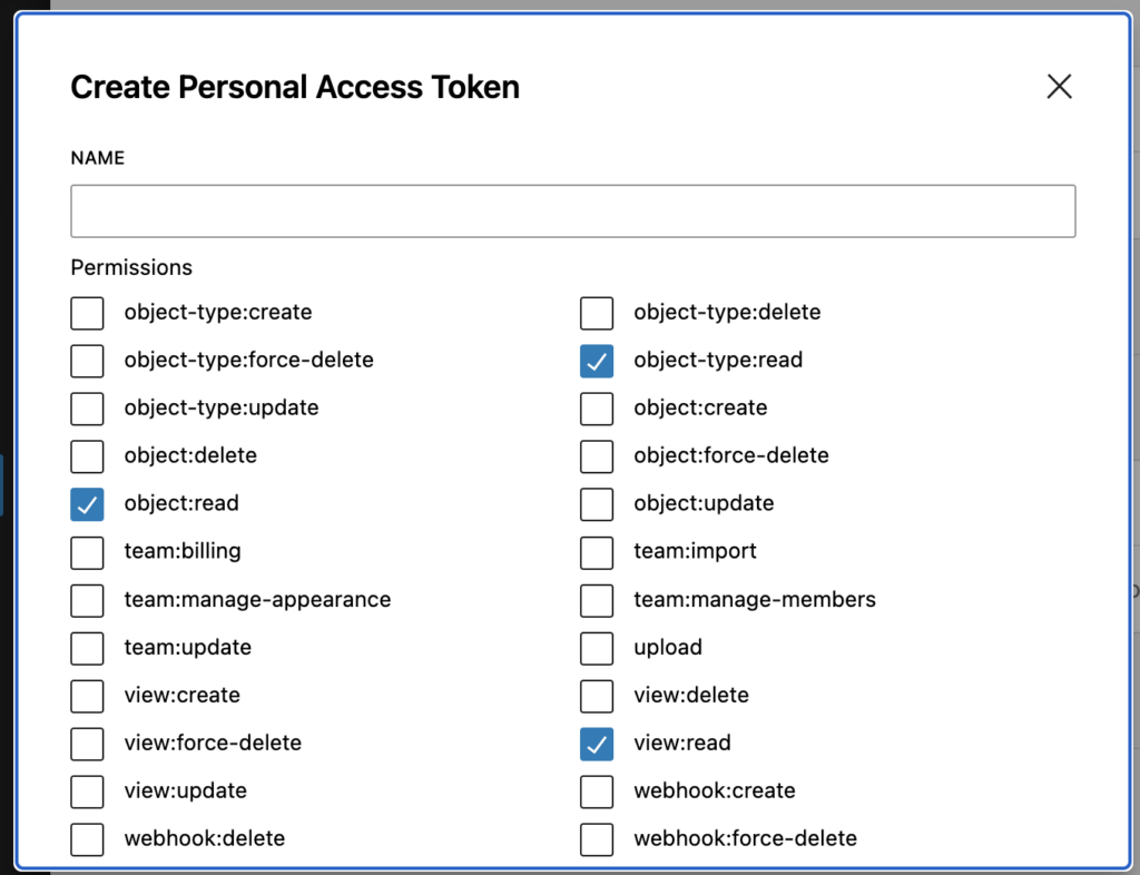Personal Access Token settings panel with token name, permissions checkboxes, and a Save button
