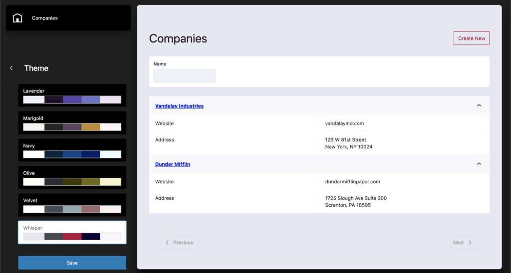 Theme Settings page showing selectable color palette options for the application