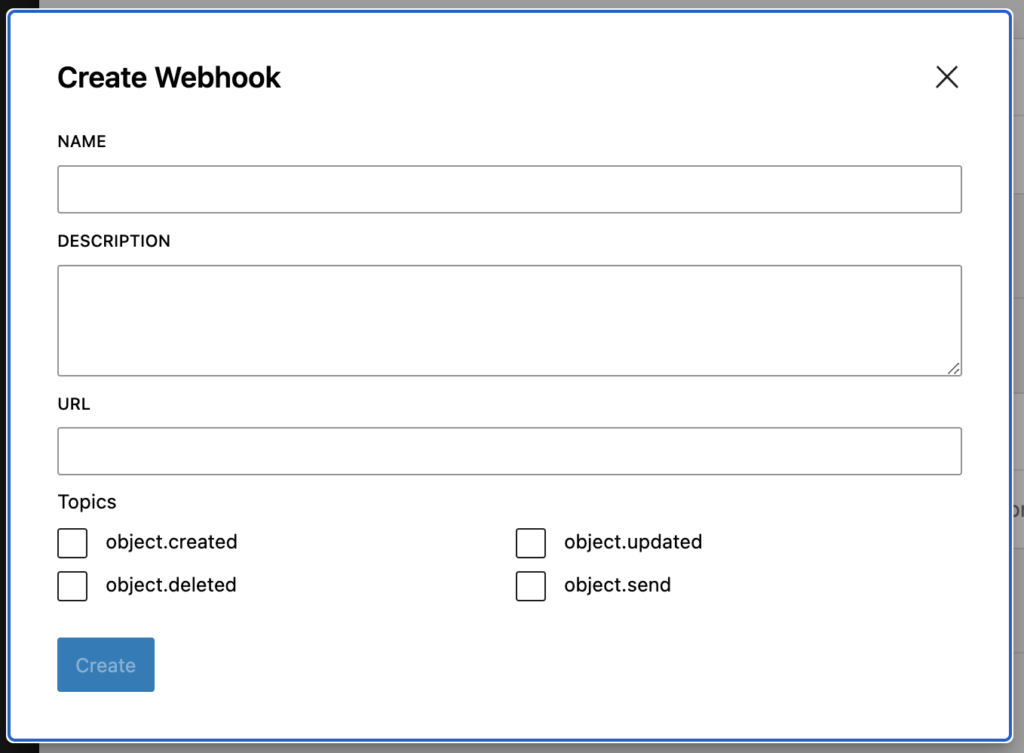 Webhook settings panel showing fields for name, URL, and event topic selection