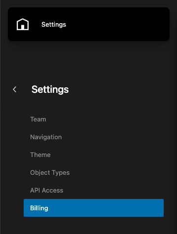 Billing settings page showing current subscription plan, payment method, and invoice history