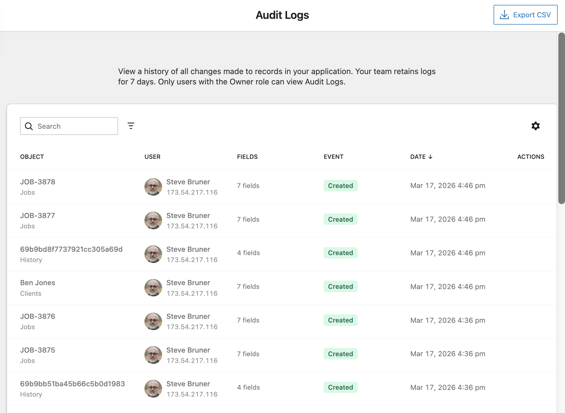 Audit Logs list view