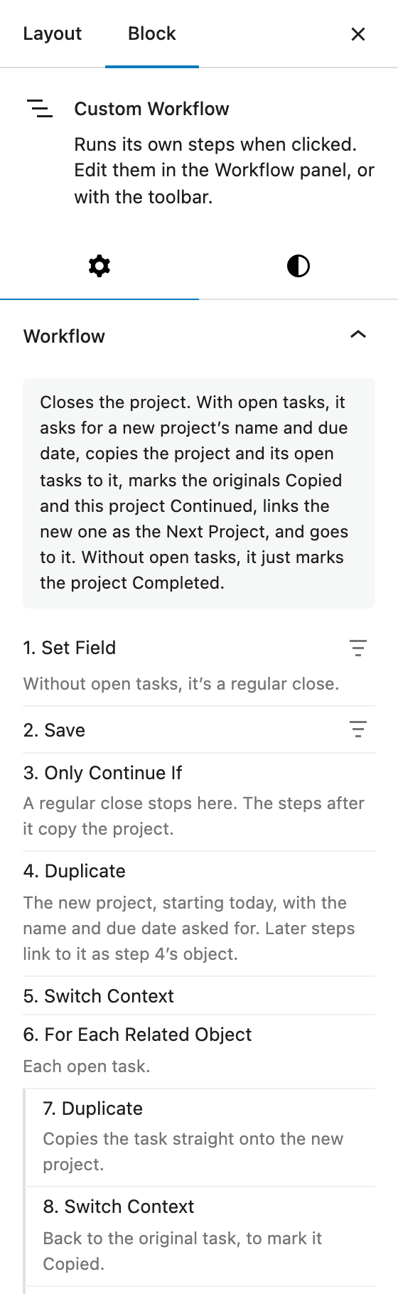 The Workflow panel in the sidebar, with the workflow's description and its steps
