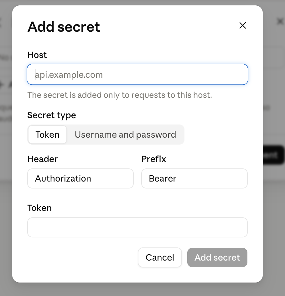 The Add secret dialog, with Host, Secret type set to Token, Header set to Authorization, Prefix set to Bearer, and Token