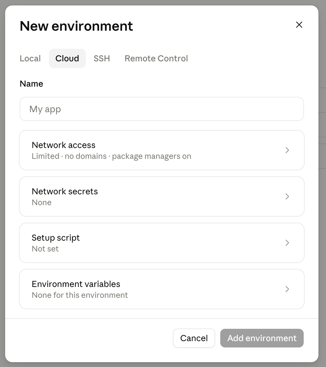 The New environment dialog on its Cloud tab, with Name, Network access, Network secrets, Setup script and Environment variables