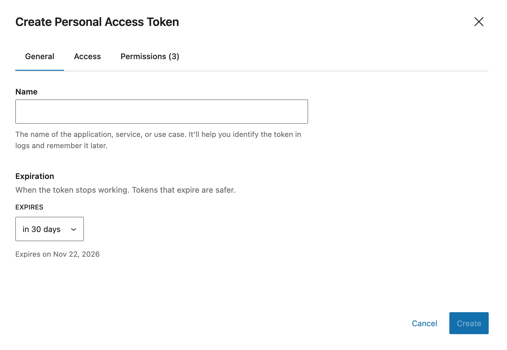 The Create Personal Access Token dialog, with General, Access and Permissions (3) tabs, a name, and an expiration of 30 days