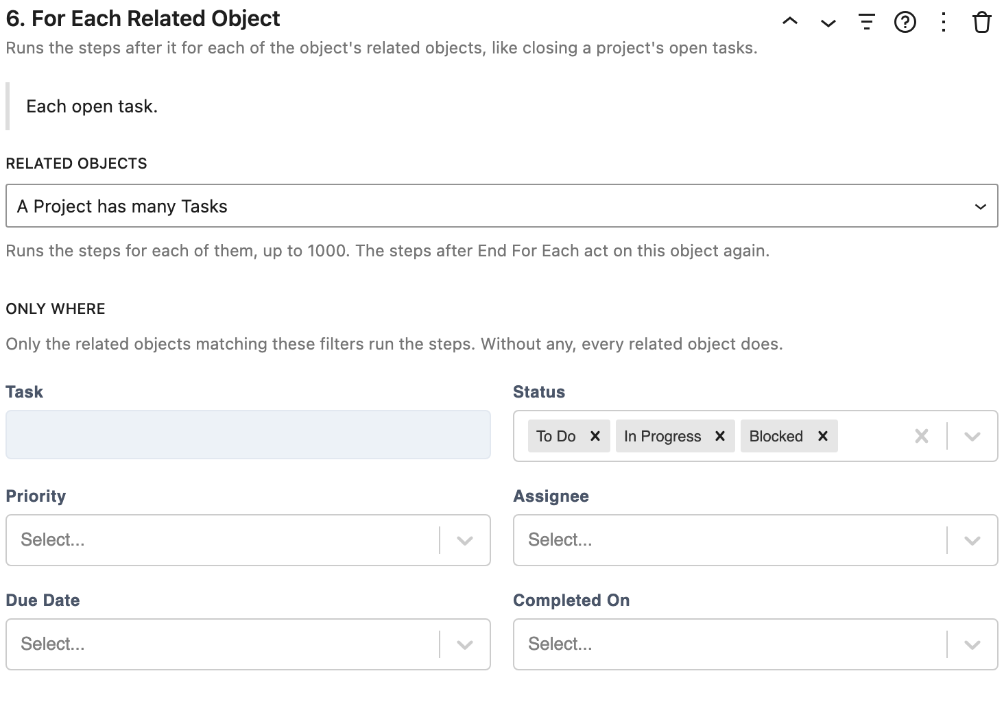 For Each Related Object, for a project's open tasks
