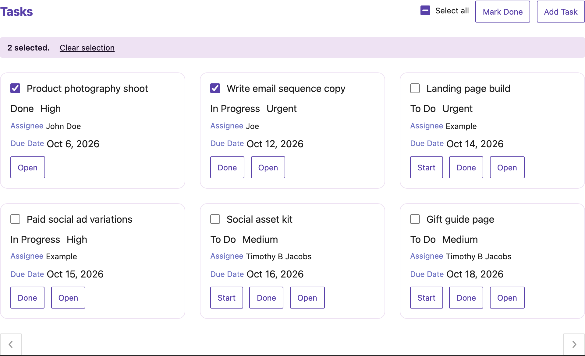 Two task cards selected, with the Selection Bar above them