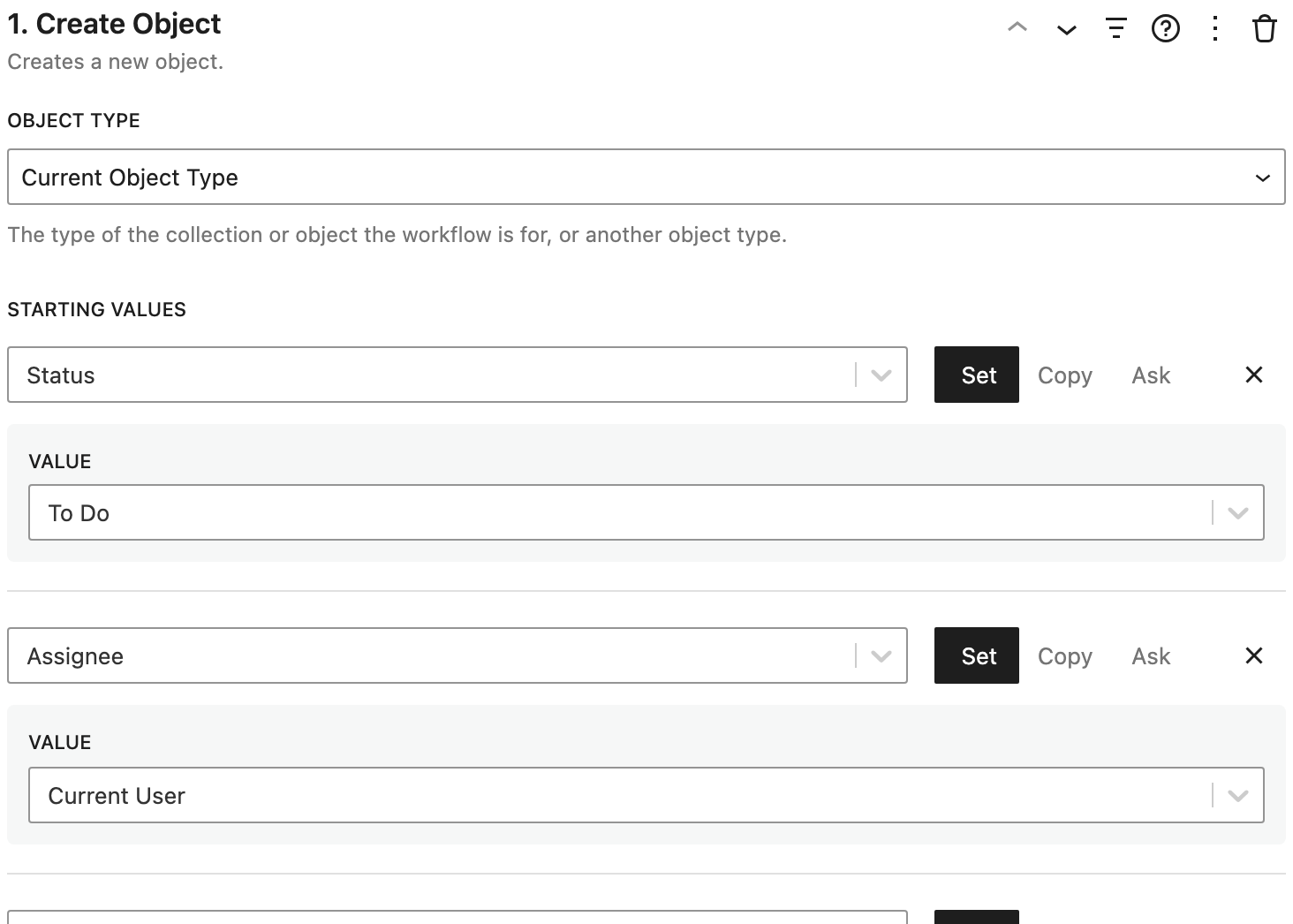 Create Object, creating a task with starting values