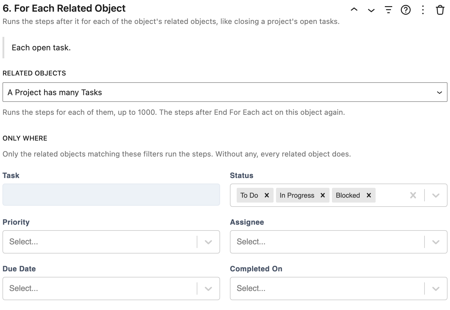 For Each Related Object, for a project's open tasks