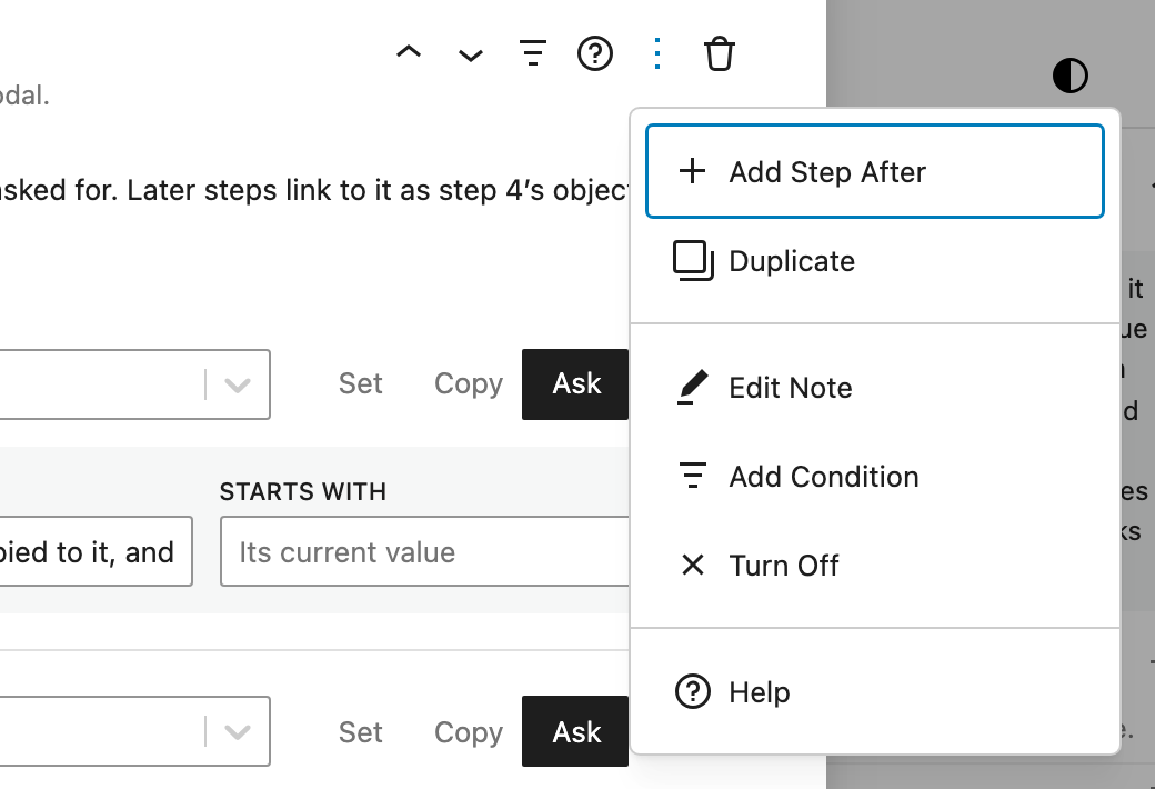 A step's options menu