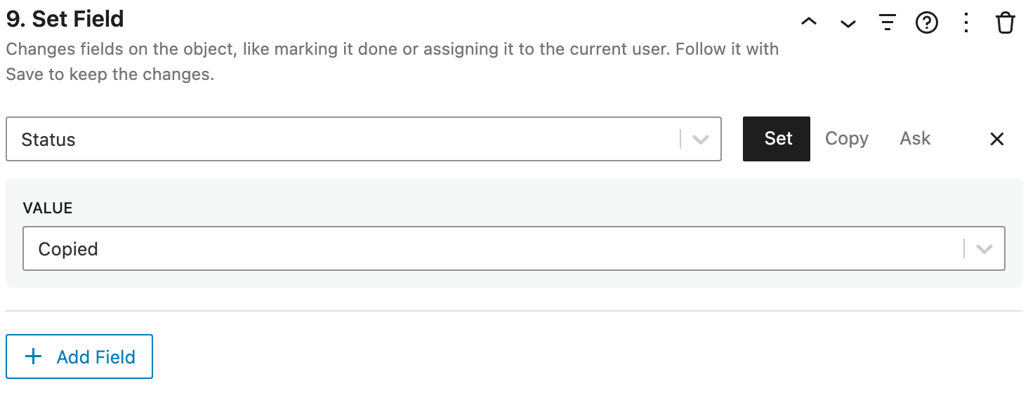 Set Field, setting a task's status