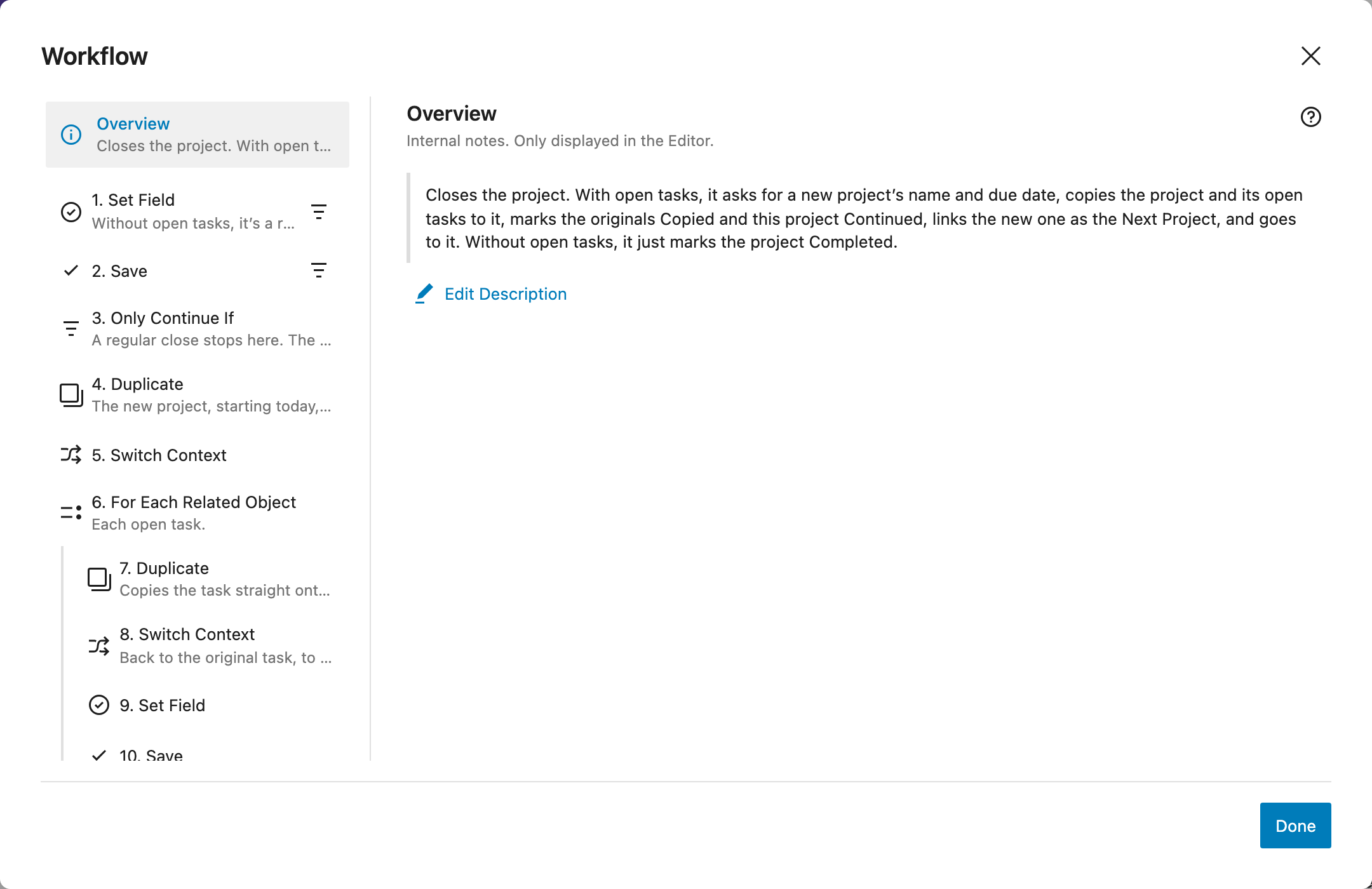 The steps editor, open on the Overview