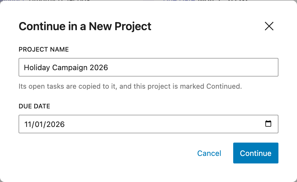 A form asking for a new project's name and due date